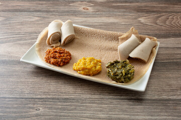 A view of an Ethiopian veggie combo plate.
