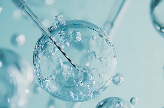 A close-up of an IVF oocyte (egg cell) being filled, set against a light blue background