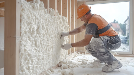 Construction worker installing foam insulation in a wall, highlighting energy efficiency and home building