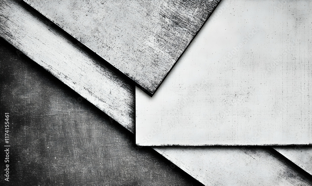 Poster abstract grayscale image featuring overlapping textured rectangles, creating a modern geometric desi