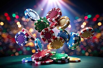 Casino chips float in mid-air; stunning product photography for gaming and gambling.