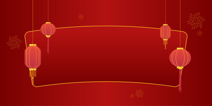 Chinese Background with Circle and Octagonal Red Lantern with Curve Rectangle and Firewok