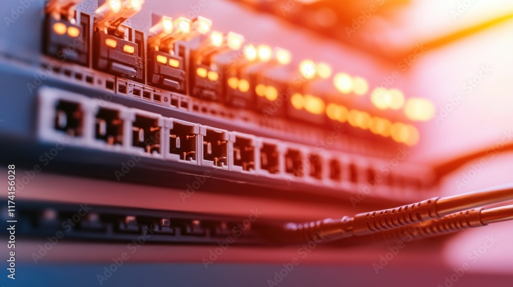 Poster fiber optic cables connecting to an internet router in a server room are forming a robust network in