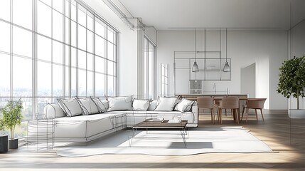 Modern living room with large windows, minimalist furniture, and an open kitchen design.