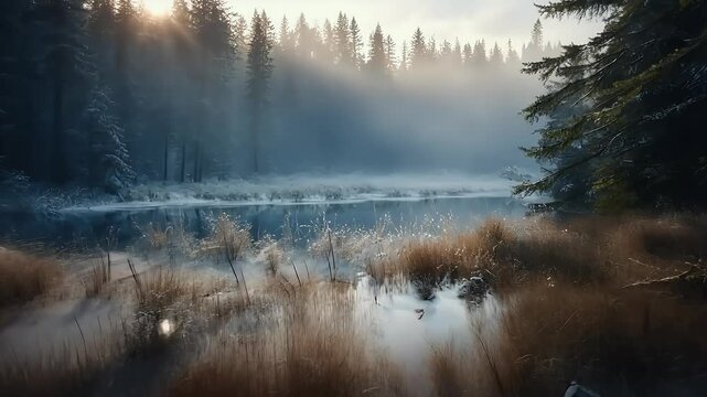Step frozen winter wonderland watercolor illustration misty forests taiga trees serene snow covered landscape