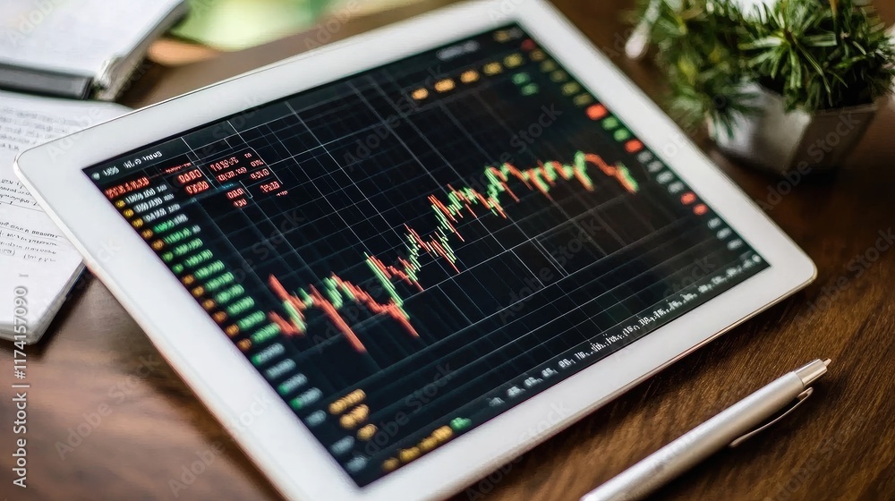 Poster a graph comparing stocks and commodities on a tablet next to a pen and notes.