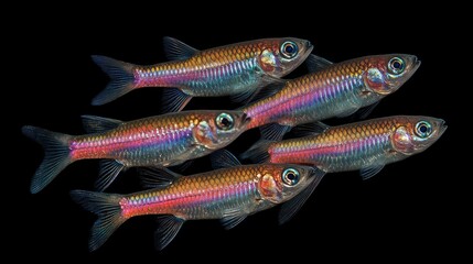 A group of shimmering sardines swimming together in perfect formation.
