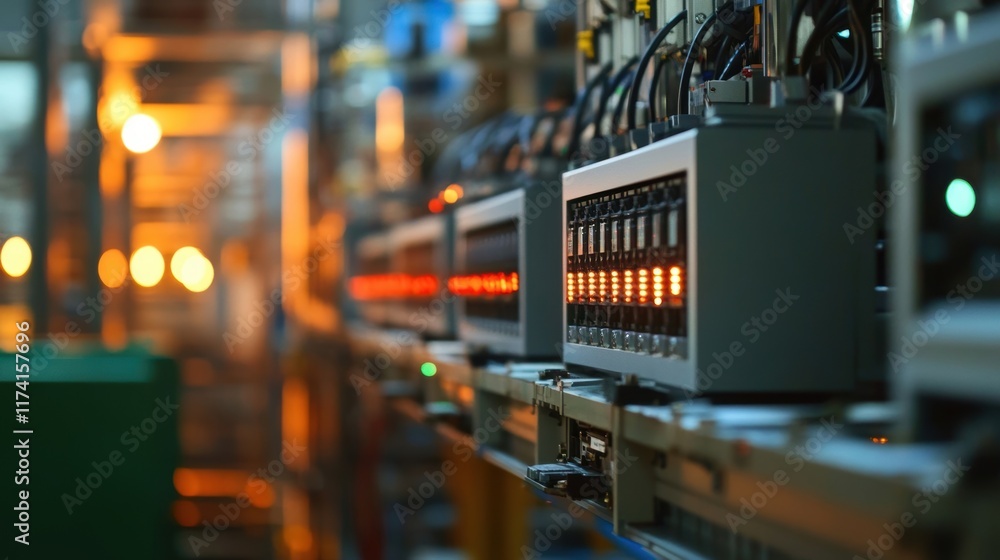 Poster network servers in a data center, featuring blinking lights and active indicators, highlight ongoing