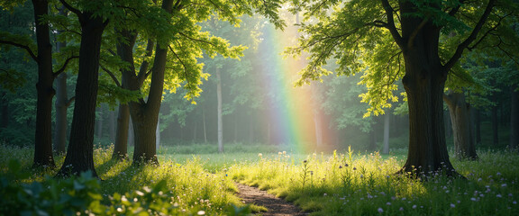 Fototapeta premium Natural landscape with a vibrant rainbow and lush green trees, evoking a sense of serenity and wonder, illuminating a peaceful forest path surrounded by wildflowers
