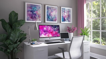 A home office Zoom setup with a white desk, pink accent decor, and abstract generative art prints.