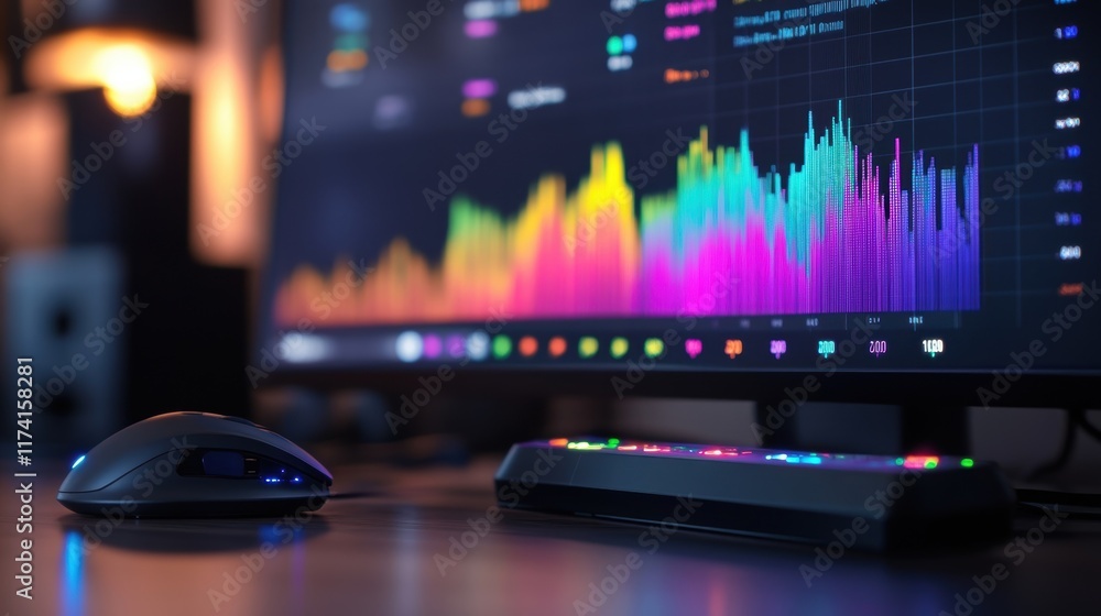 Poster computer screen displaying vibrant financial charts and graphs, highlighting market trends and perfo