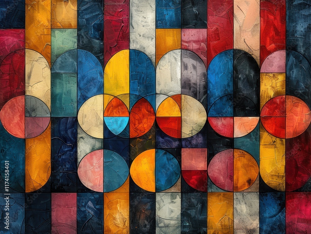 Poster abstract geometric composition with vibrant colors and overlapping shapes.