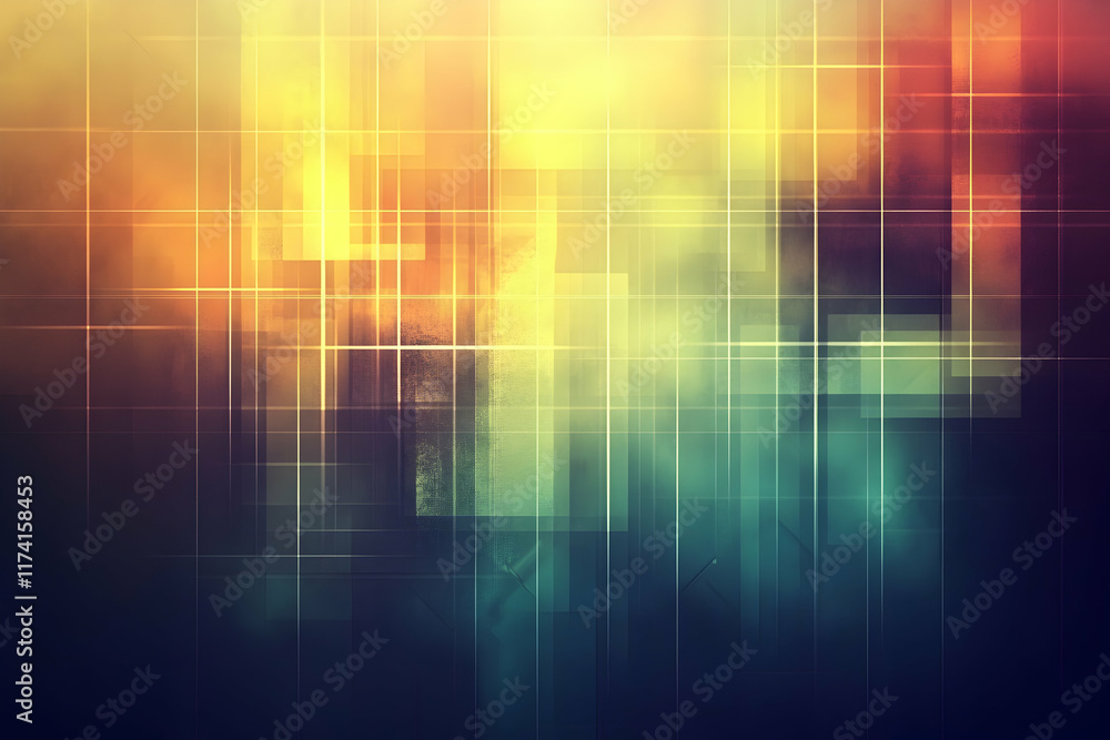 Poster abstract background image with overlapping translucent geometric shapes and grid lines in warm and c