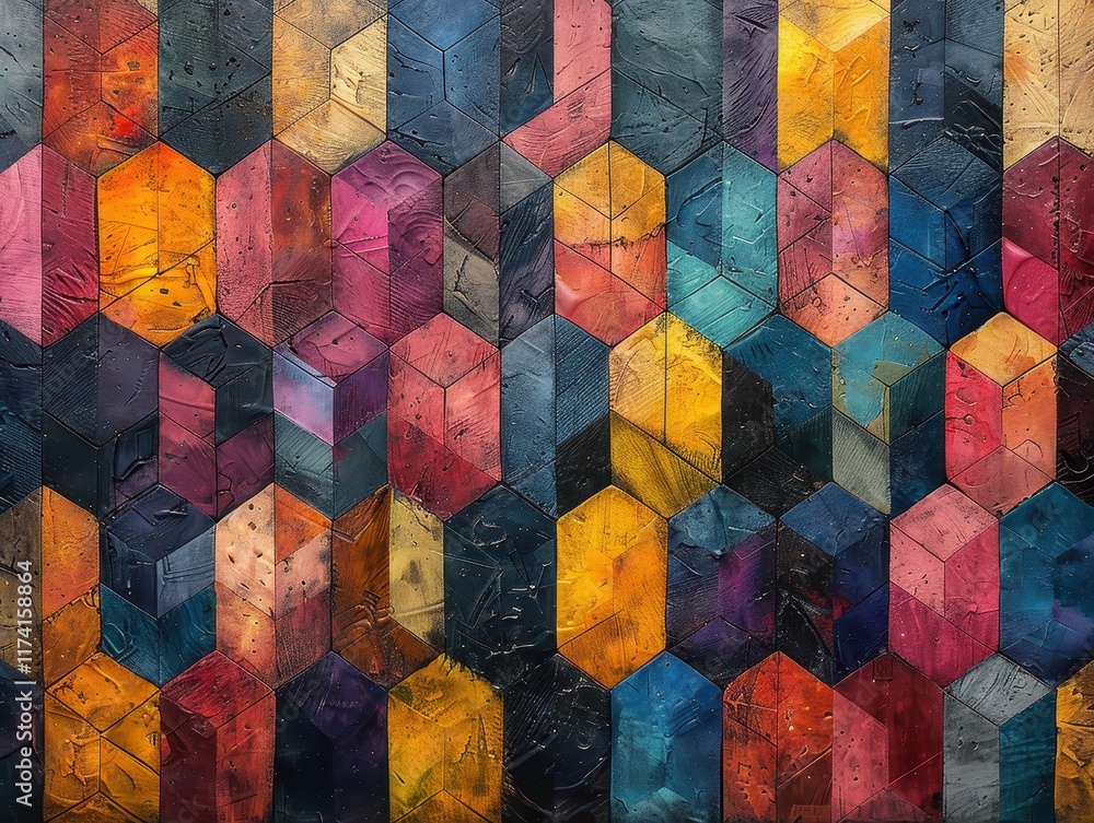 Poster a vibrant geometric pattern of hexagonal shapes in various colors.