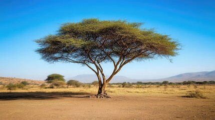 Obraz premium A lone tree in the middle of a barren field under a clear blue sky.