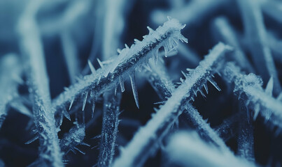 Stunning close-up of frost crystals on plants, intricate icy formations, winter nature, cold weather.