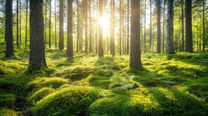 Fototapeta premium A lush forest floor covered in moss and ferns, with sunlight breaking through the canopy.