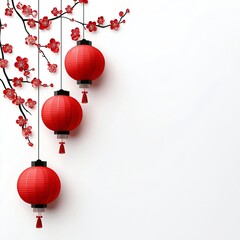 Fototapeta premium Red lantern and cherry blossoms on white background. Asian decoration for celebration Chinese New Year, Lunar New Year, Lantern festival. Template with copy space
