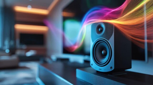 Modern speaker with vibrant soundwaves in a stylish living room interior highlighting innovative home audio technology. Concept of sound, music. 