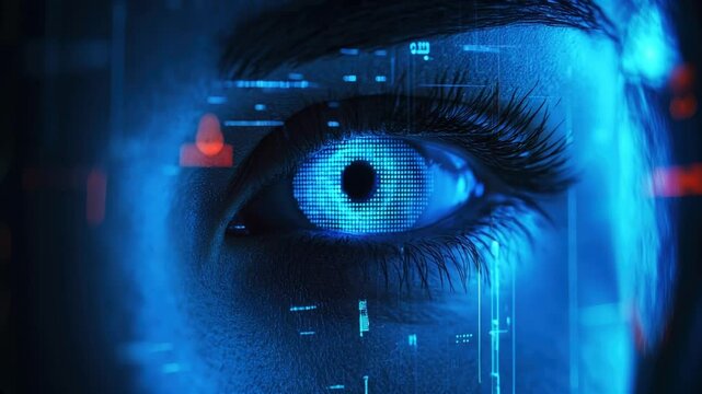 Human eye with digital biometric data, facial recognition technology, detail of woman face during identification. Concept of person, id, verification. 