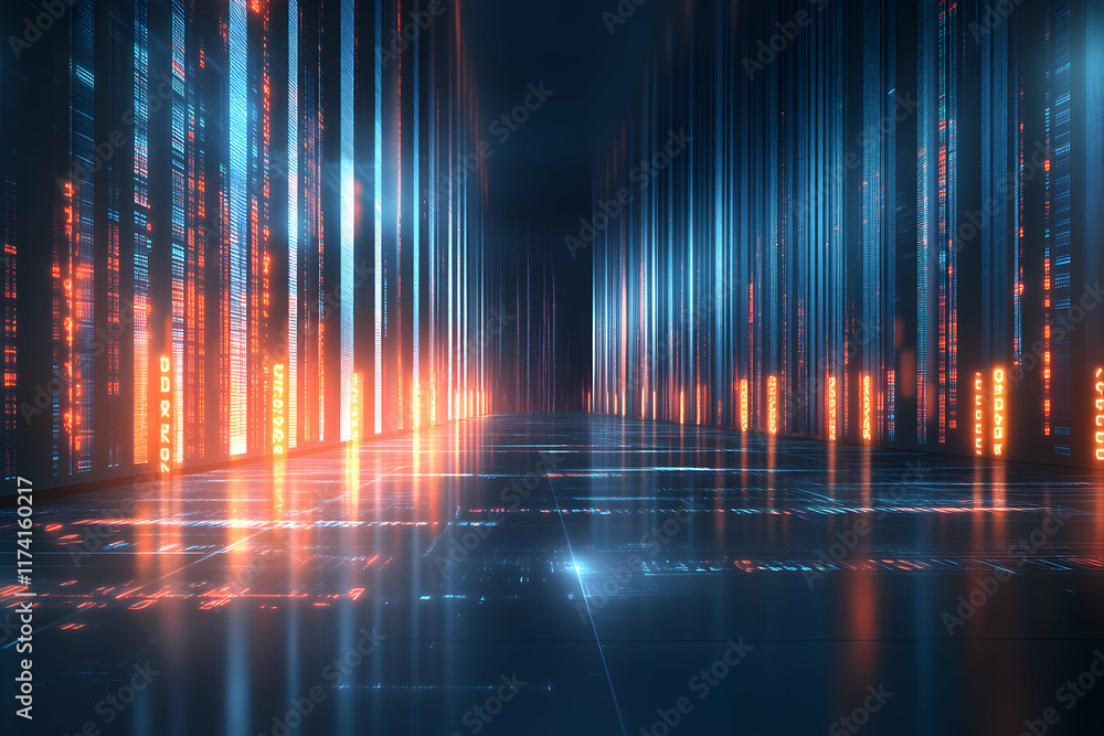 Poster abstract digital data stream, glowing lines and code forming futuristic corridor. ideal for tech, ai