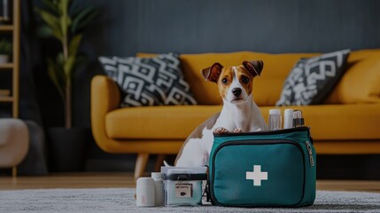 A neatly organized pet first aid kit with essential supplies inside.