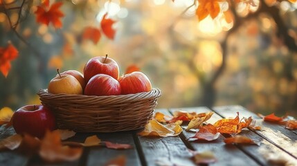 Cozy Autumn Still Life with Woven Basket of Apples Pumpkins and Colorful Leaves