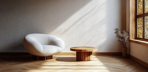 Minimalist Living Room Interior Design Soft Natural Lighting Elegant Round White Chair Wooden Coffee Table