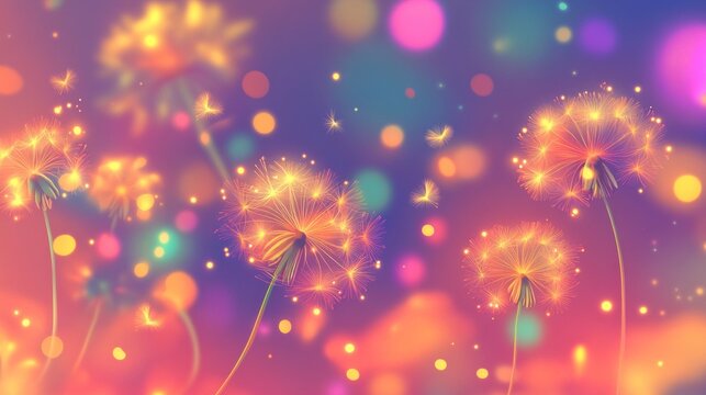 Fototapeta A dreamy, colorful illustration of dandelions with a vibrant, bokeh background.