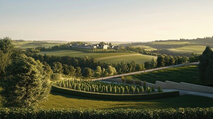 A panoramic view of a community tree-planting project in a rural setting under a clear sky.