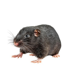close-up of a small. black rodent with a rounded body. short legs. and prominent whiskers. set against a plain white background the focus highlights its texture and features. making it suitable for ed
