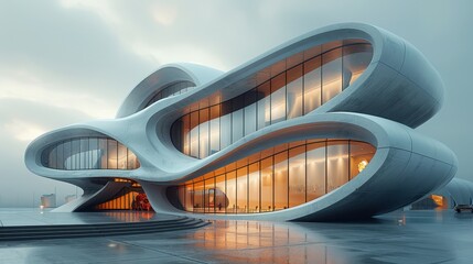 Modern architectural design featuring fluid shapes and large glass windows.