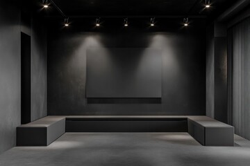 Dark minimalist room with built-in bench and blank canvas.