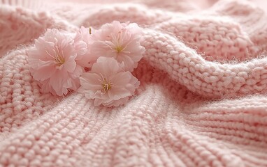 Pink flowers on soft knitted fabric.