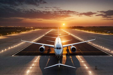 Commercial Airplane on Runway at Sunset with Golden Hour Glow