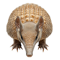 close-up view of an armadillo. showcasing its distinctive armor-like shell. pointed snout. and prominent ears. emphasizing its unique texture and features the background is plain. drawing attention to