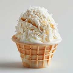A photograph of a white ice cream sundae in a waffle cup, topped with coconut flakes, on a plain white background,  illustration made with Generative AI.