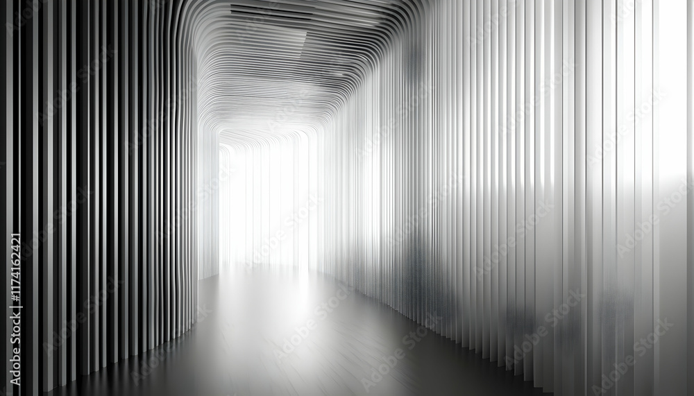 Poster abstract grayscale image of a modern, minimalist hallway with curved walls and a bright light at the