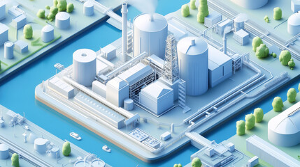 Obraz premium A detailed isometric illustration of an industrial power plant, surrounded by blue water and trees