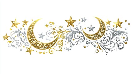 Decorative design featuring crescent moons and stars in gold and silver.