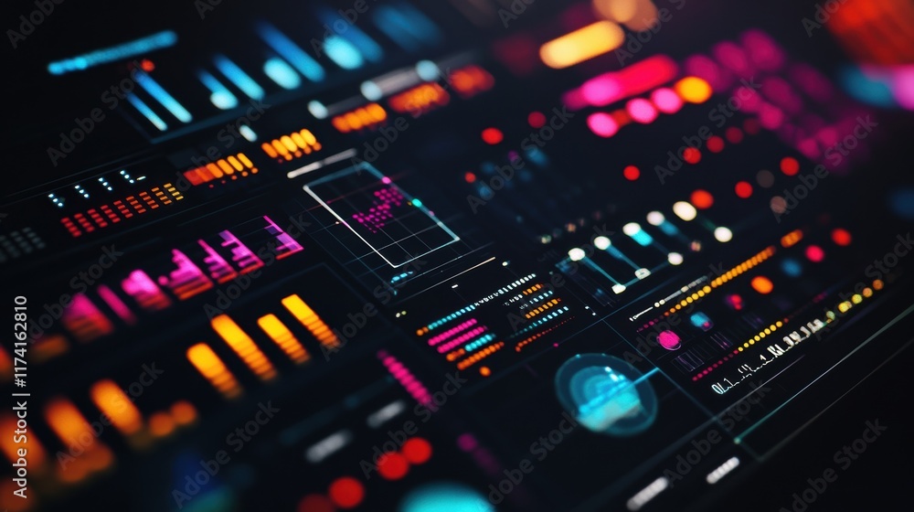 Poster futuristic interface displaying colorful data and information on a monitor, showcasing a vibrant arr
