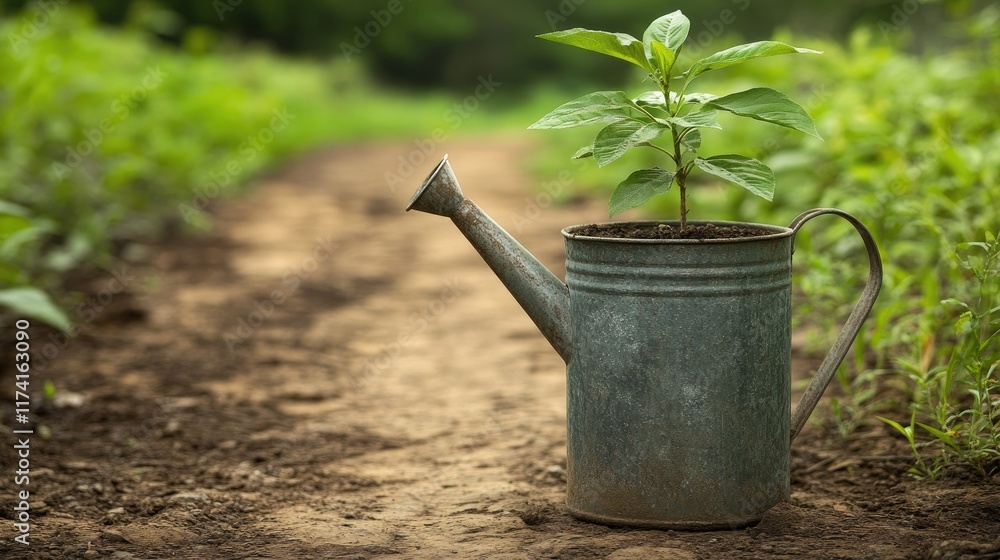 Poster a rustic watering can next to a sapling on a dirt path in the countryside.