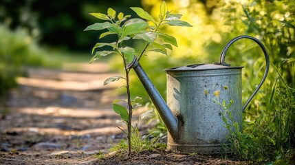 A rustic watering can next to a sapling on a dirt path in the countryside.