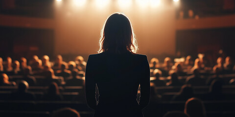 A backlit silhouette of a woman speaker stands before a large, blurry audience in a dimly lit auditorium or theater. The focus is on the speakers posture and the warm stage lighting.