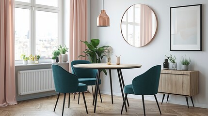 Modern dining room with teal chairs, round table, copper pendant light, and rose gold mirror.