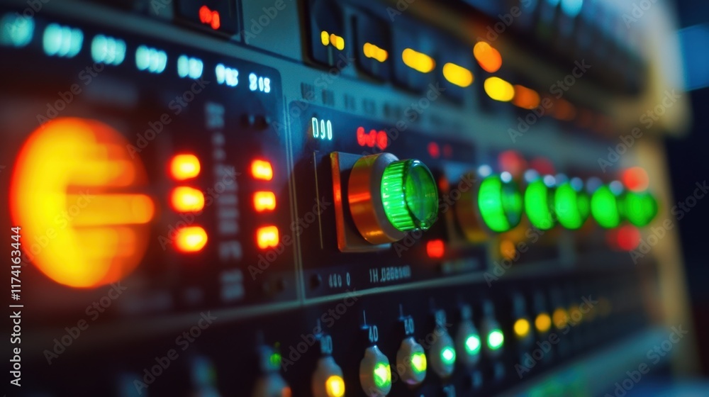 Aufkleber close up view of a professional audio mixing console with illuminated green lights, knobs, and fader