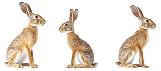 three side profiles of a rabbit. showcasing its detailed fur texture and distinctive ear shape the arrangement highlights the rabbit's anatomy and posture. making it suitable for educational or illust
