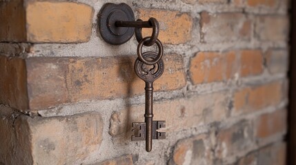 A set of antique keys hanging from a rustic iron hook against a brick wall.