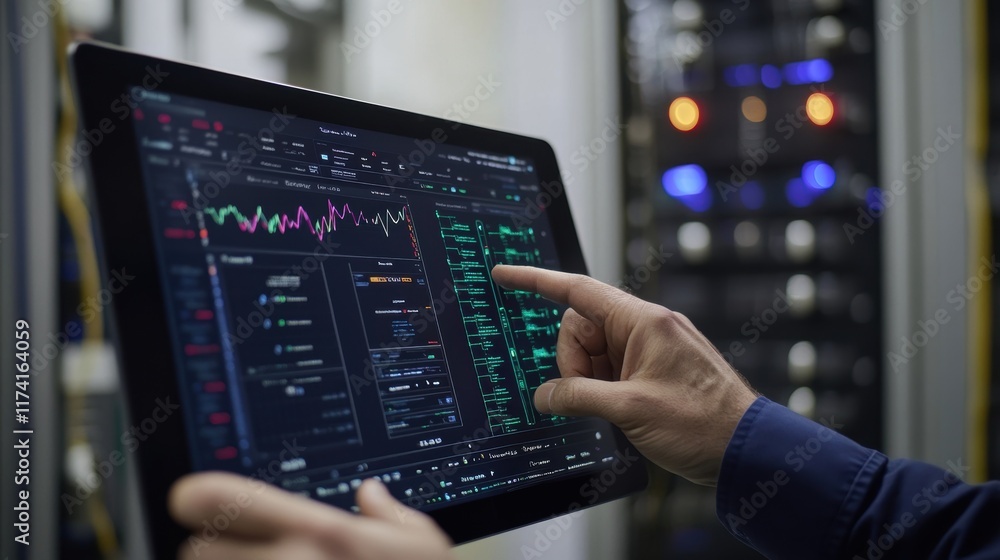 Poster it technician using a digital tablet to monitor network traffic and analyze data within a modern ser