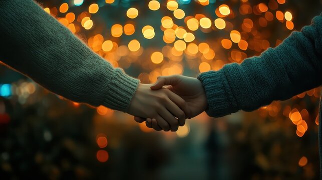 Intimate moment of holding hands near a warm lighted table setup, dynamic, manipulation, indoor decoration